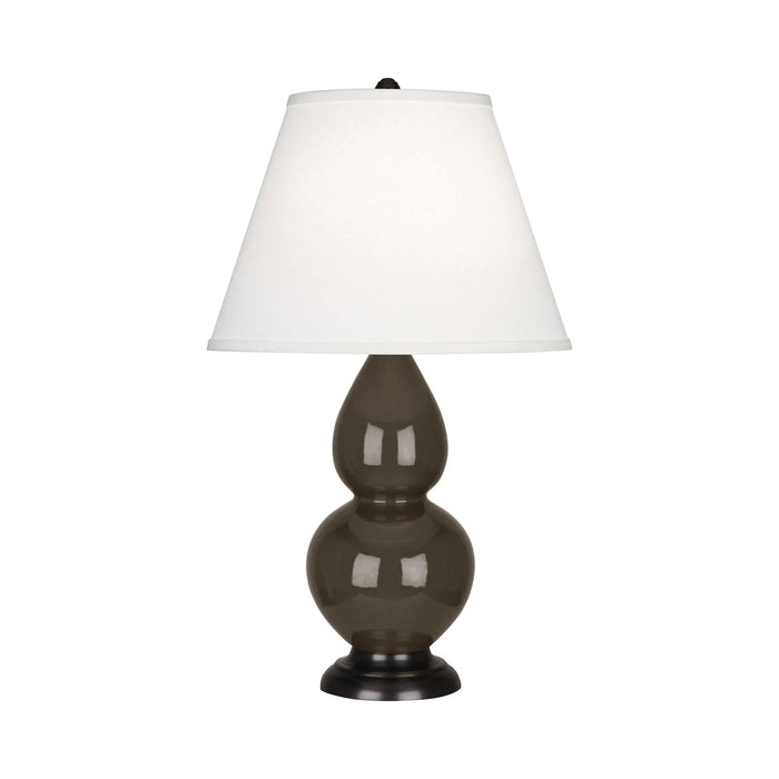 Double Gourd Small Accent Table Lamp with Bronze Base in Brown Tea/Fabric Hardback.