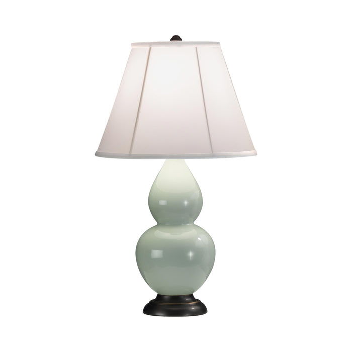 Double Gourd Small Accent Table Lamp with Bronze Base in Celadon/Silk Stretch.