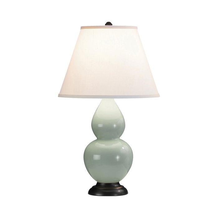 Double Gourd Small Accent Table Lamp with Bronze Base in Celadon/Fabric Hardback.