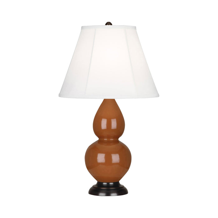 Double Gourd Small Accent Table Lamp with Bronze Base in Cinnamon/Silk Stretch.