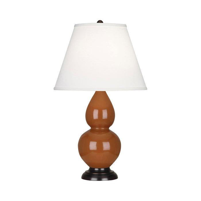 Double Gourd Small Accent Table Lamp with Bronze Base in Cinnamon/Fabric Hardback.