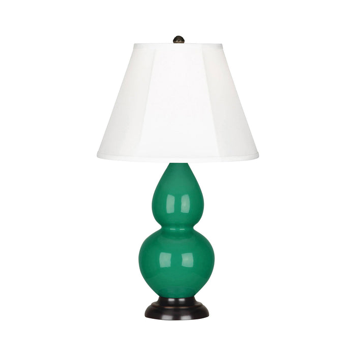 Double Gourd Small Accent Table Lamp with Bronze Base in Emerald Green/Silk Stretch.