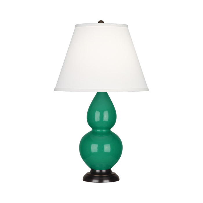 Double Gourd Small Accent Table Lamp with Bronze Base in Emerald Green/Fabric Hardback.