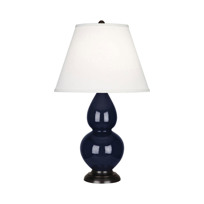 Double Gourd Small Accent Table Lamp with Bronze Base in Midnight Blue/Fabric Hardback.