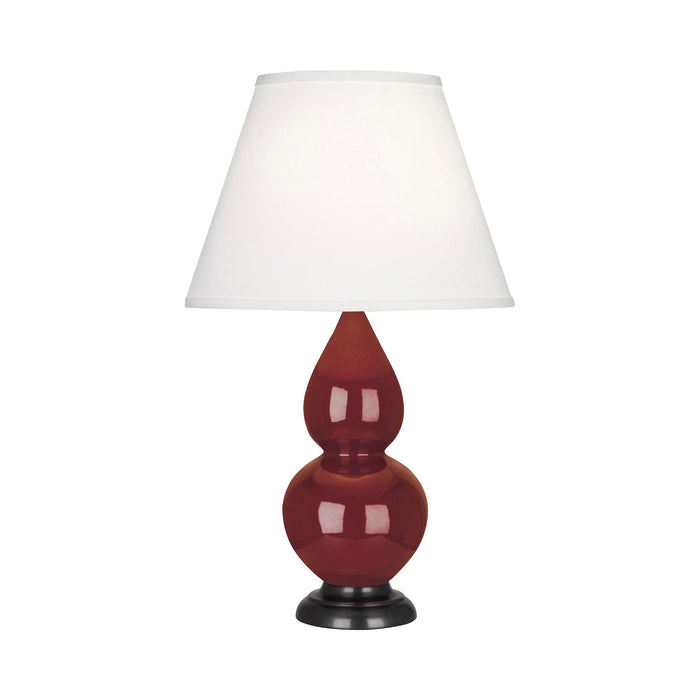 Double Gourd Small Accent Table Lamp with Bronze Base in Oxblood/Fabric Hardback.