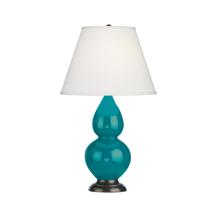 Double Gourd Small Accent Table Lamp with Bronze Base in Peacock/Fabric Hardback.