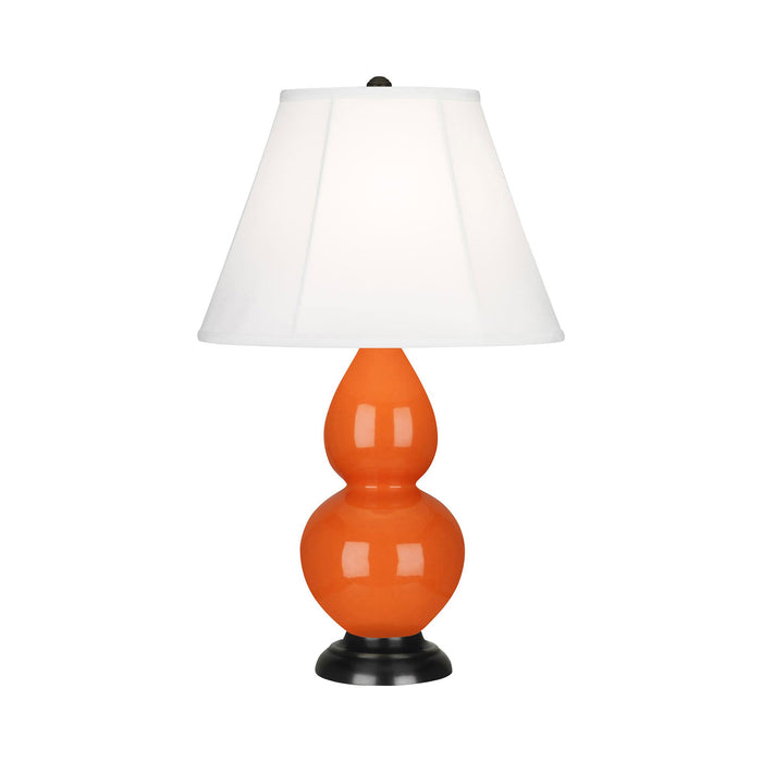 Double Gourd Small Accent Table Lamp with Bronze Base in Pumpkin/Silk Stretch.
