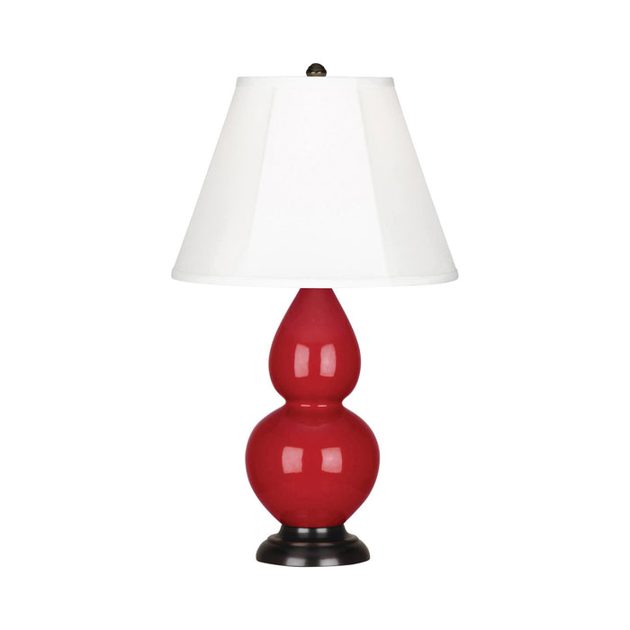 Double Gourd Small Accent Table Lamp with Bronze Base in Ruby Red/Silk Stretch.
