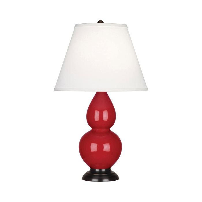 Double Gourd Small Accent Table Lamp with Bronze Base in Ruby Red/Fabric Hardback.