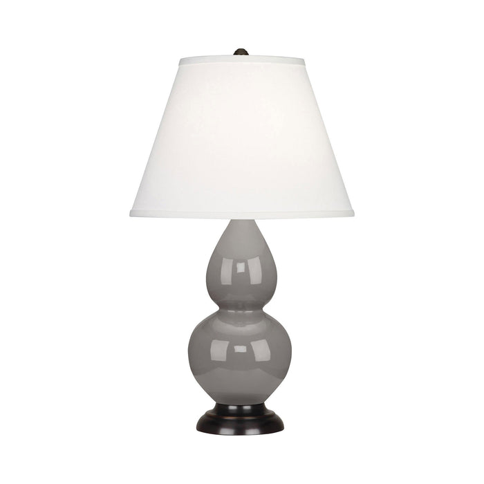 Double Gourd Small Accent Table Lamp with Bronze Base in Smoky Taupe/Fabric Hardback.