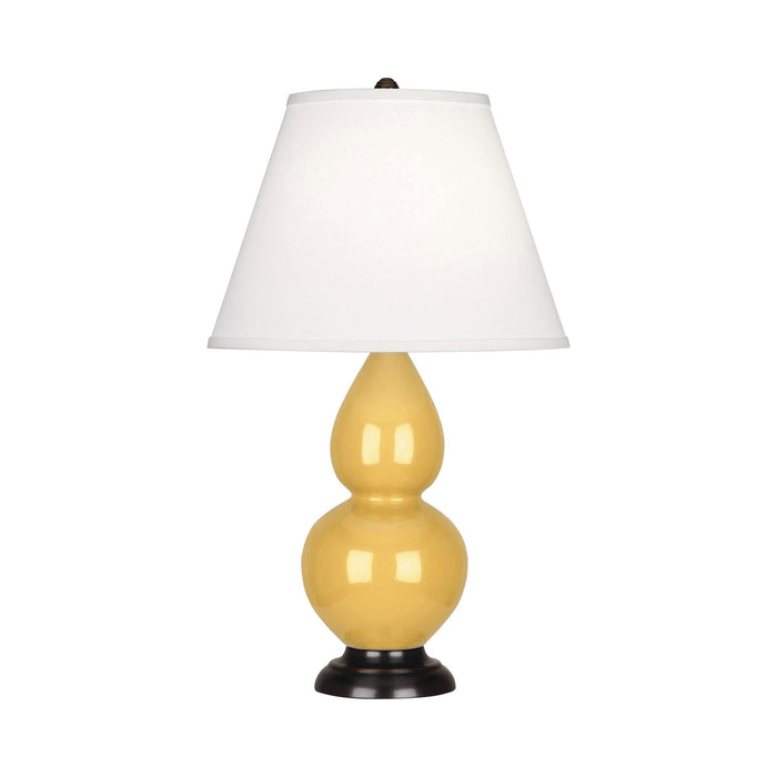 Double Gourd Small Accent Table Lamp with Bronze Base in Sunset Yellow/Fabric Hardback.