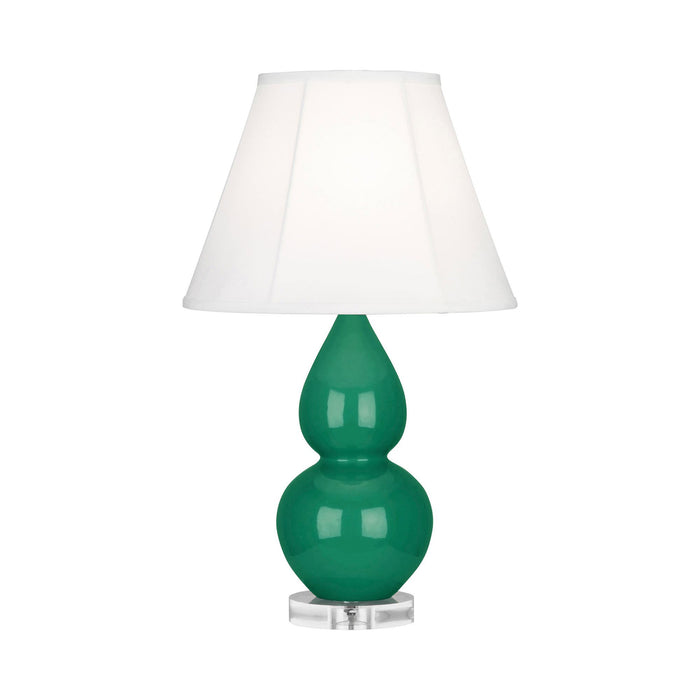 Double Gourd Small Accent Table Lamp with Lucite Base in Emerald Green/Silk Stretch.