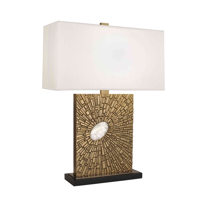 Goliath Table Lamp in Antiqued Modern Brass/Rectangular Pearl Dupioni.