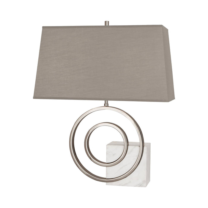 Saturn Table Lamp in Left Facing/White Marble/Polished Nickel/Smoke Gray Fabric.