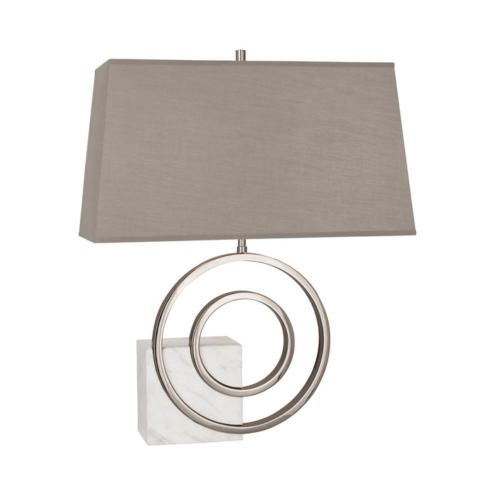 Saturn Table Lamp in Right Facing/White Marble/Polished Nickel/Smoke Gray Fabric.