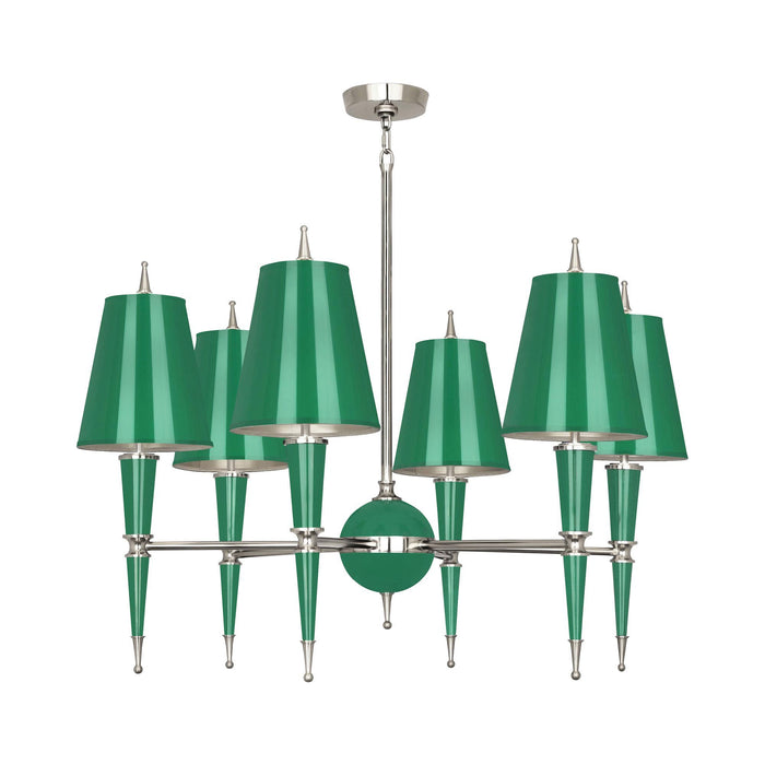 Versailles Chandelier in Emerald Lacquer/Polished Nickel/Emerald Opaque Parchment.