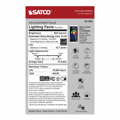Starfish S11254 - 10 Watt A19 Wifi Smart LED Color-Changing Light Bulb in Detail.