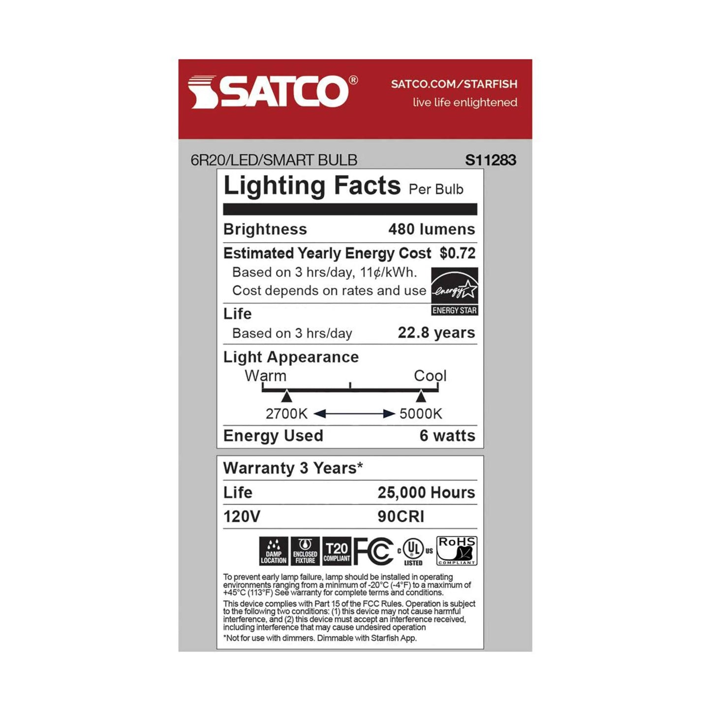 Starfish S11283 - 6 Watts R20 Wifi Smart LED Color-Changing Light Bulb in Detail.