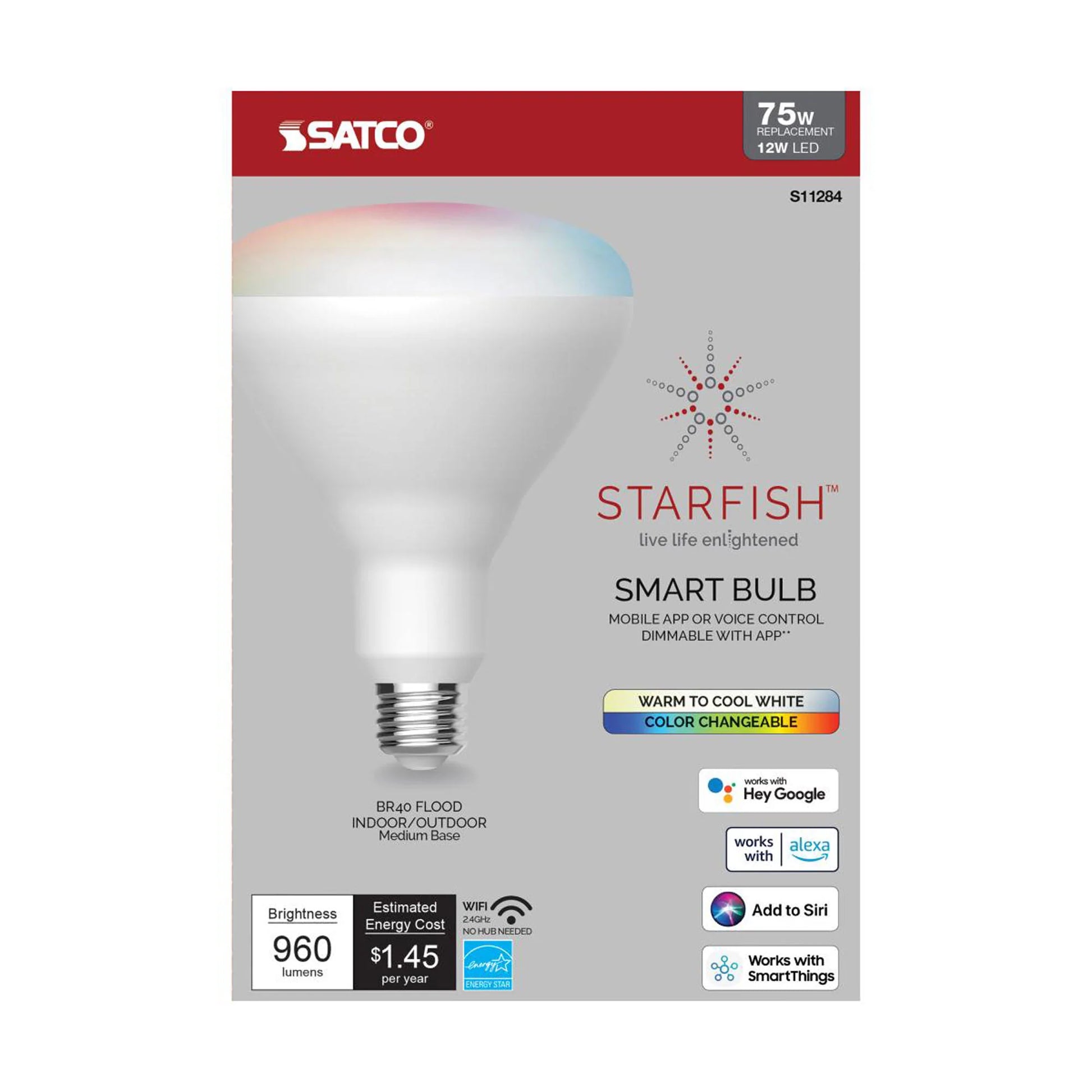 Starfish S11284 - 12 Watts BR40 Wifi Smart LED Color-Changing Light Bulb in Detail.
