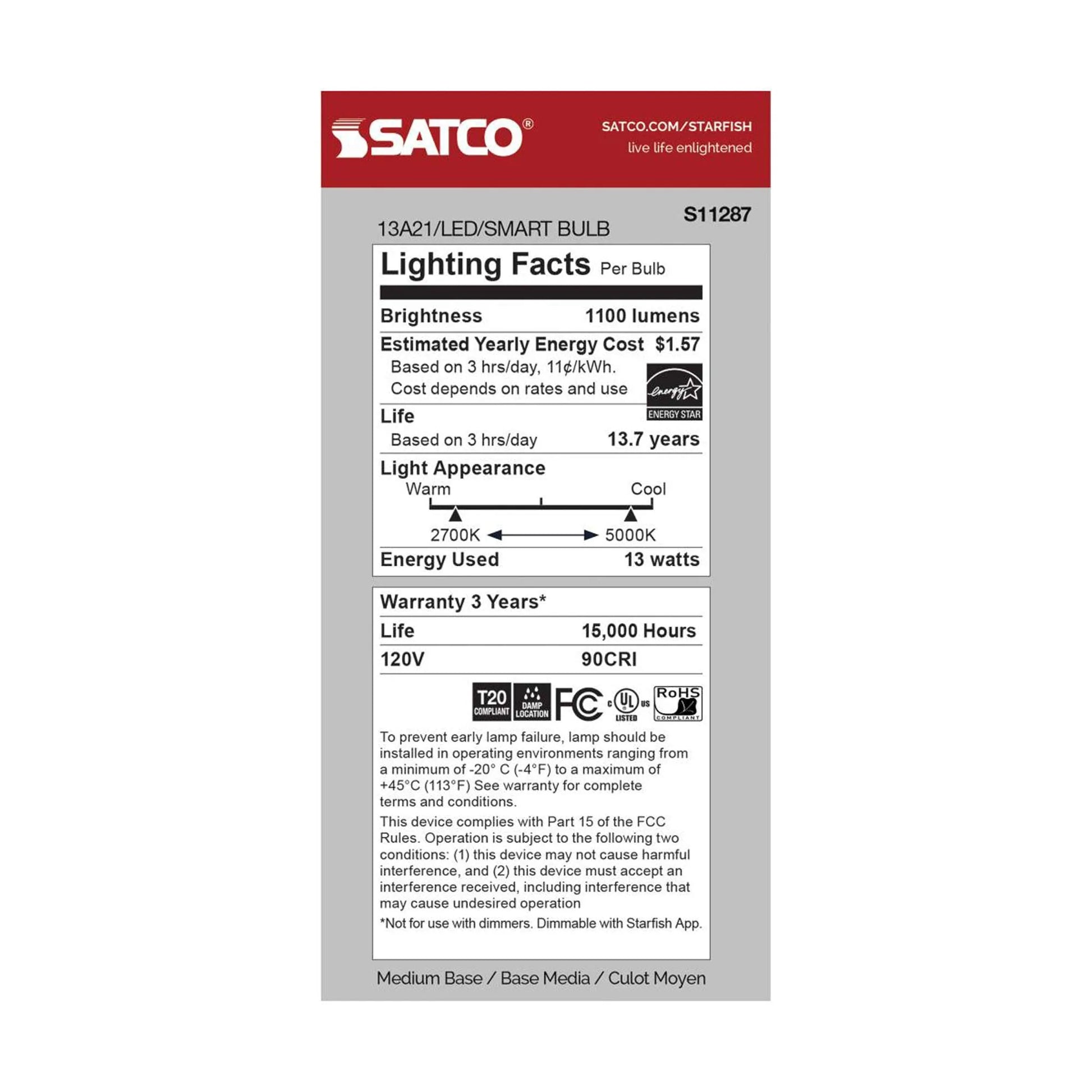 Starfish S11287 - 13 Watts A21 Wifi Smart LED Color-Changing Light Bulb in Detail.