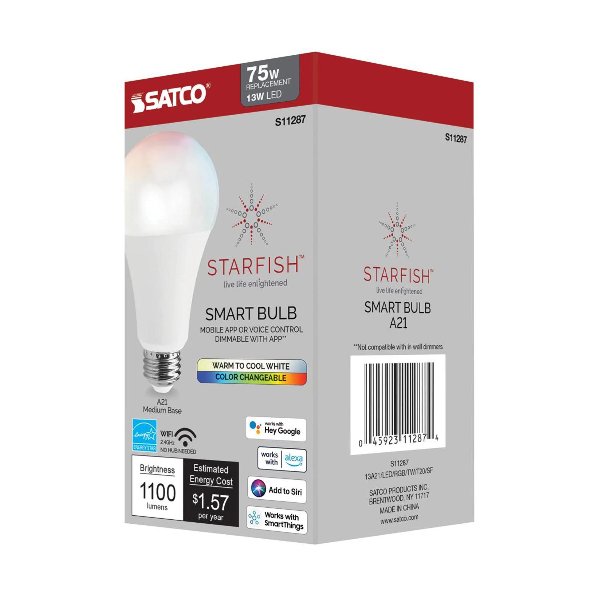 Starfish S11287 - 13 Watts A21 Wifi Smart LED Color-Changing Light Bulb in Detail.