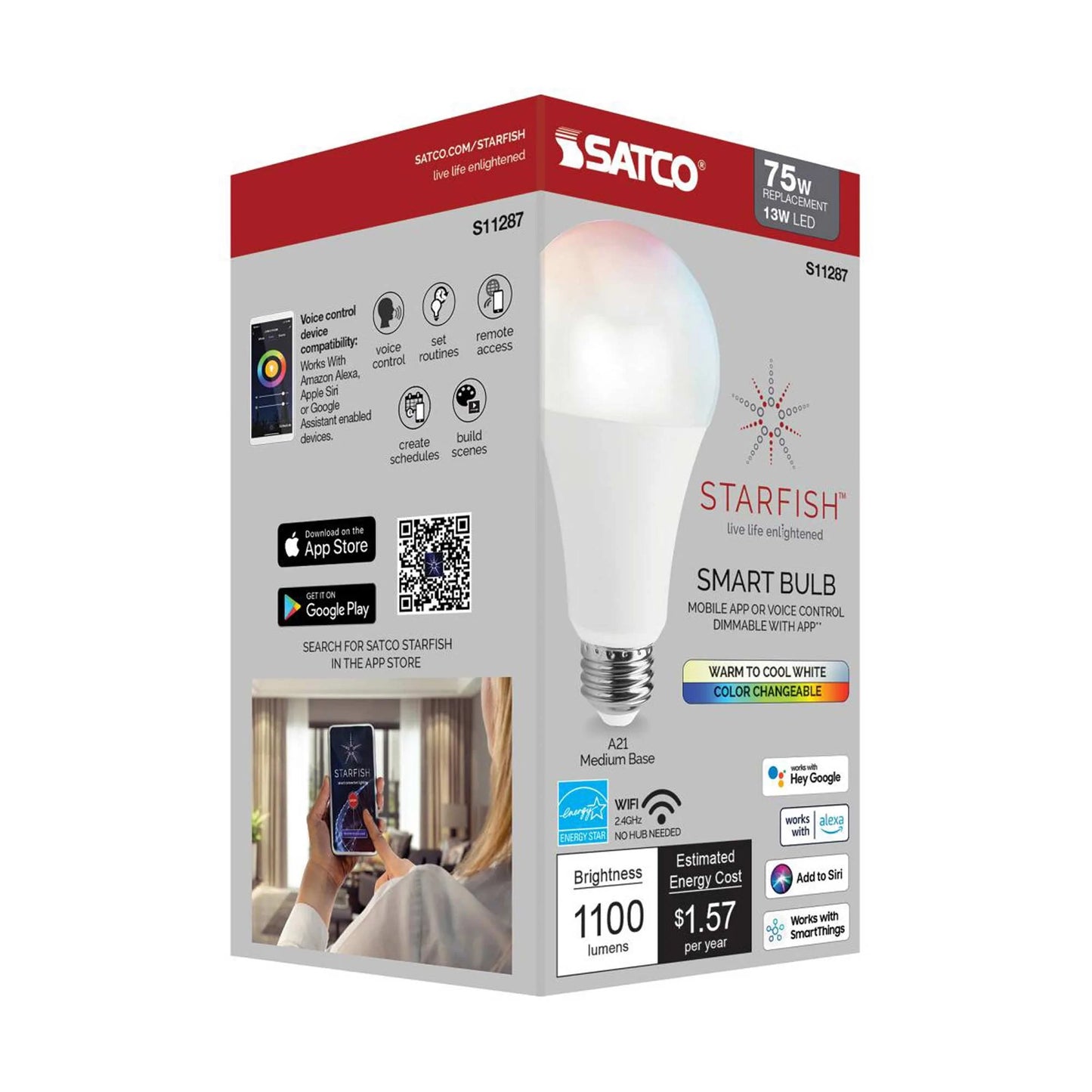 Starfish S11287 - 13 Watts A21 Wifi Smart LED Color-Changing Light Bulb in Detail.