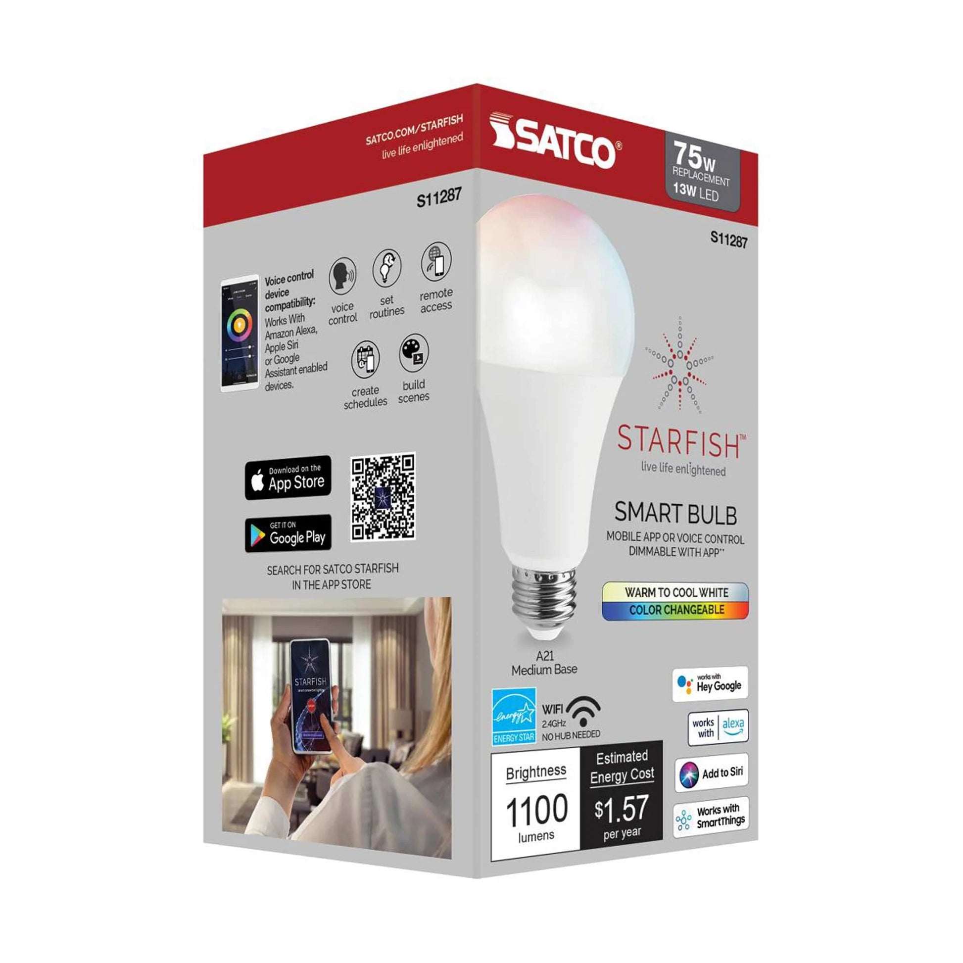 Starfish S11287 - 13 Watts A21 Wifi Smart LED Color-Changing Light Bulb in Detail.