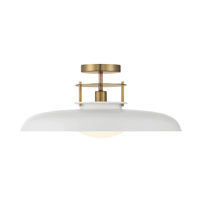 Gavin Semi Flush Mount Ceiling Light in White with Warm Brass Accents.