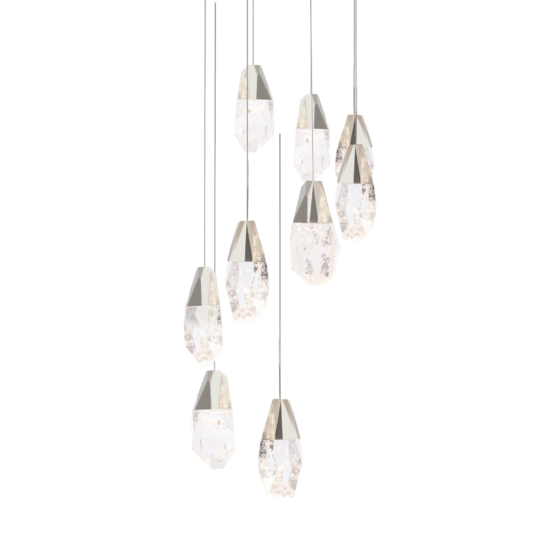 Martini LED Multi Light Pendant Light in Polished Nickel/Optic Haze Quartz (9-Light).