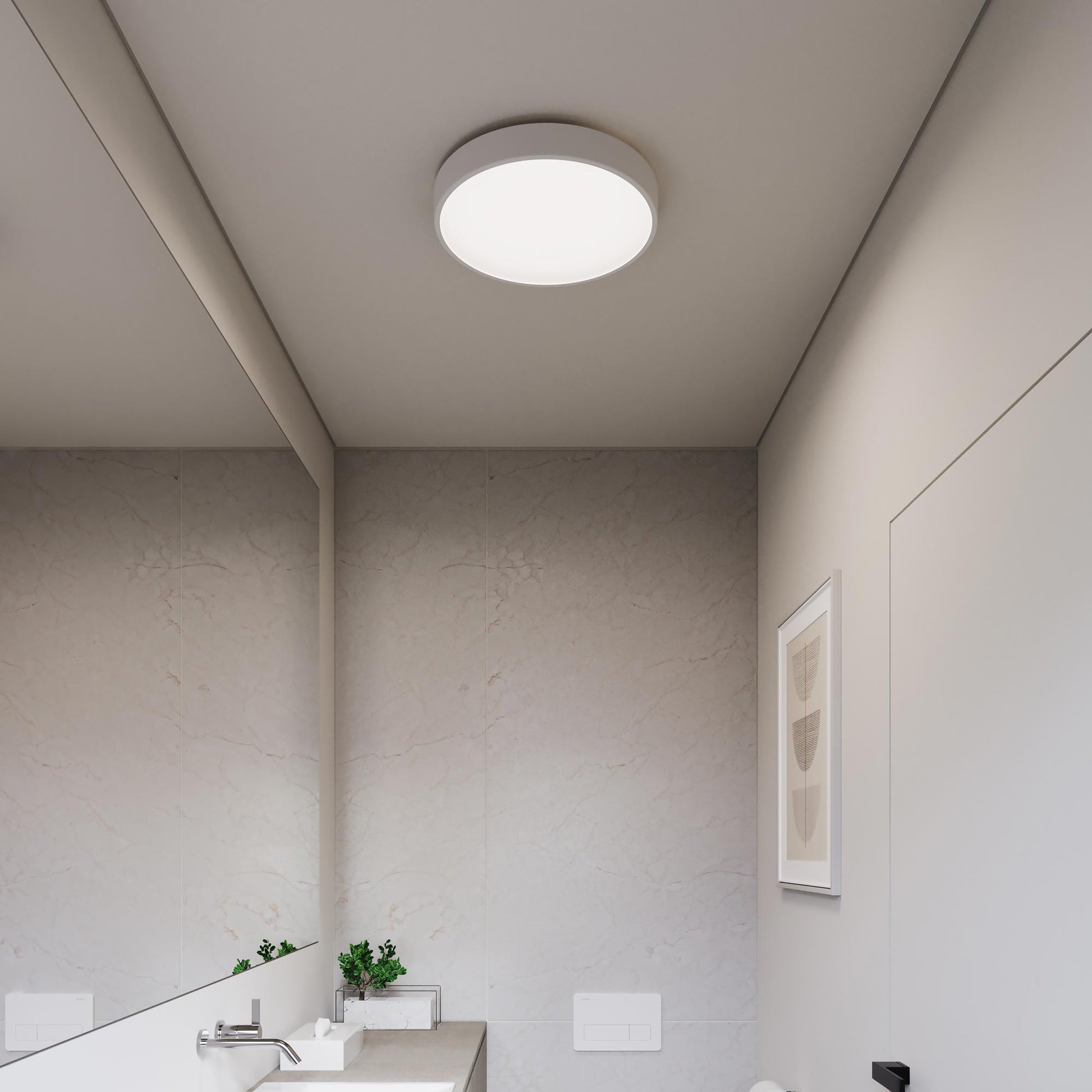 Pi LED Flush Mount Ceiling Light in bath room.