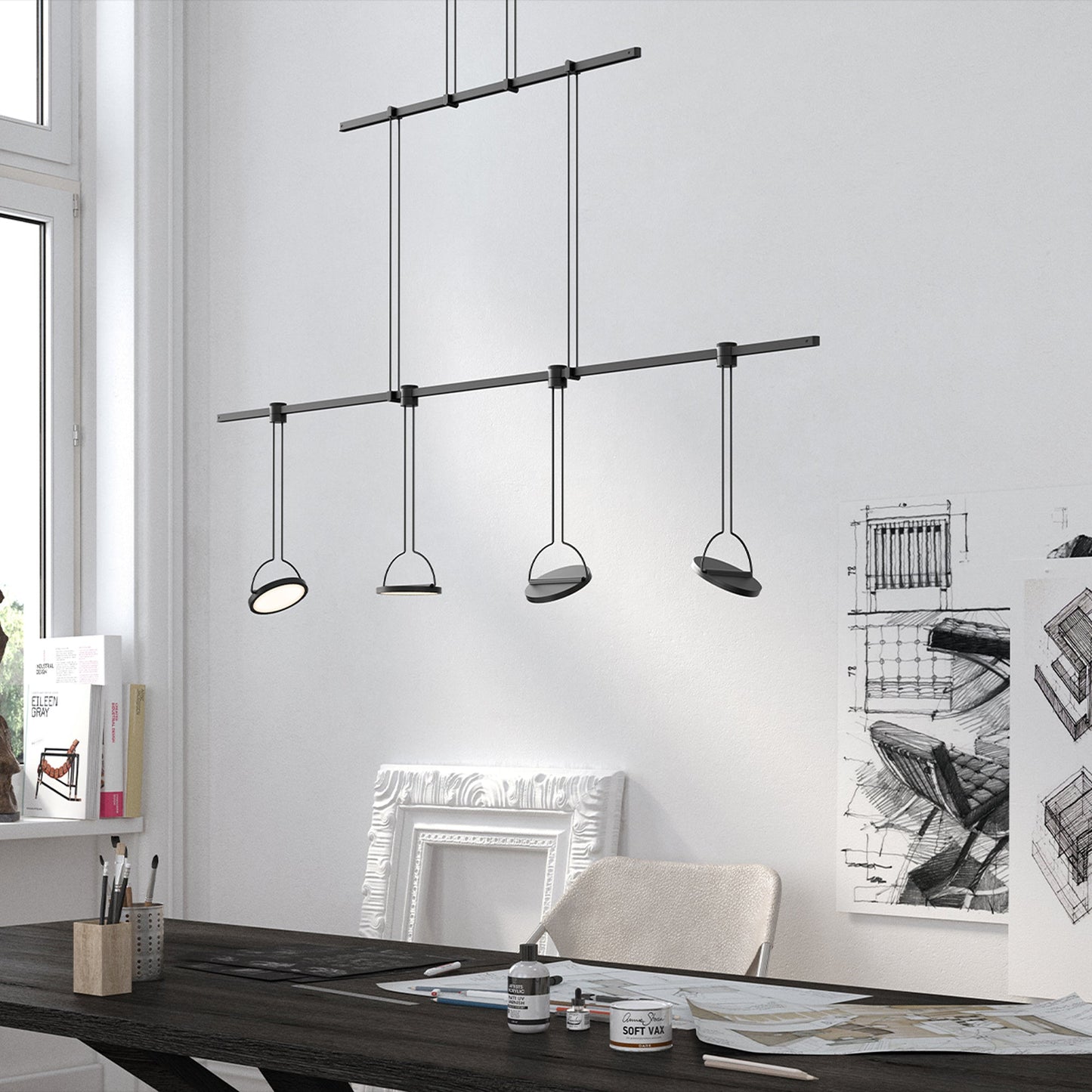 Suspenders® Tier Linear LED Pendant Light in living room.