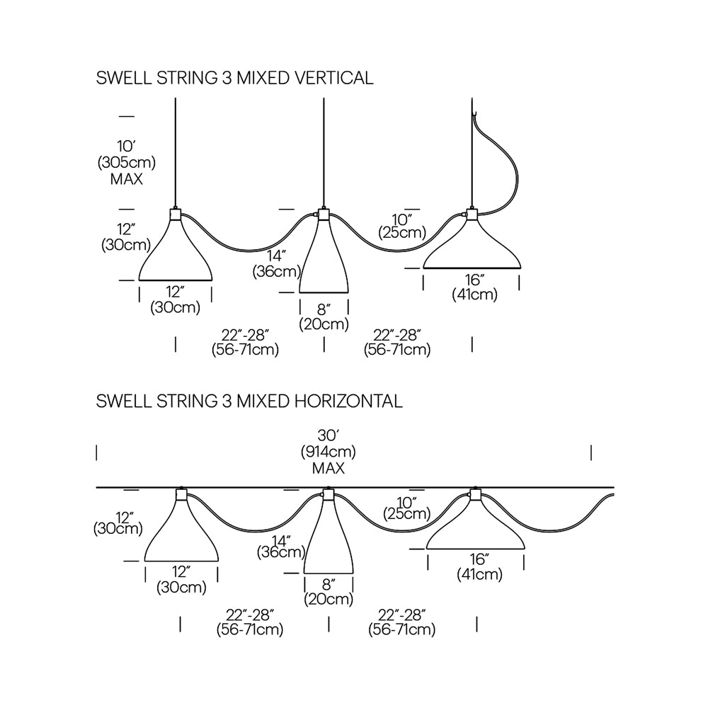 Swell LED String Mixed Pendant Light - line drawing.