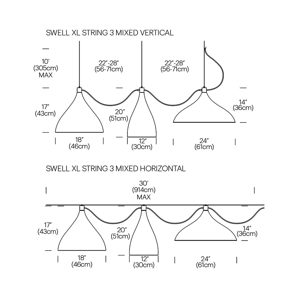 Swell LED String Mixed Pendant Light - line drawing.