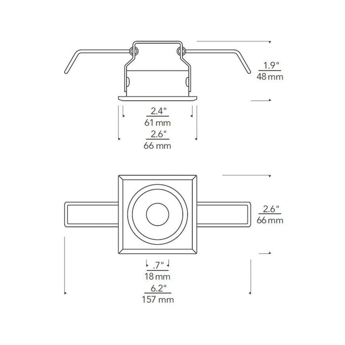 ENTRA Niche 2-Inch Square LED Fixed Downlight Recessed Housing - line drawing.