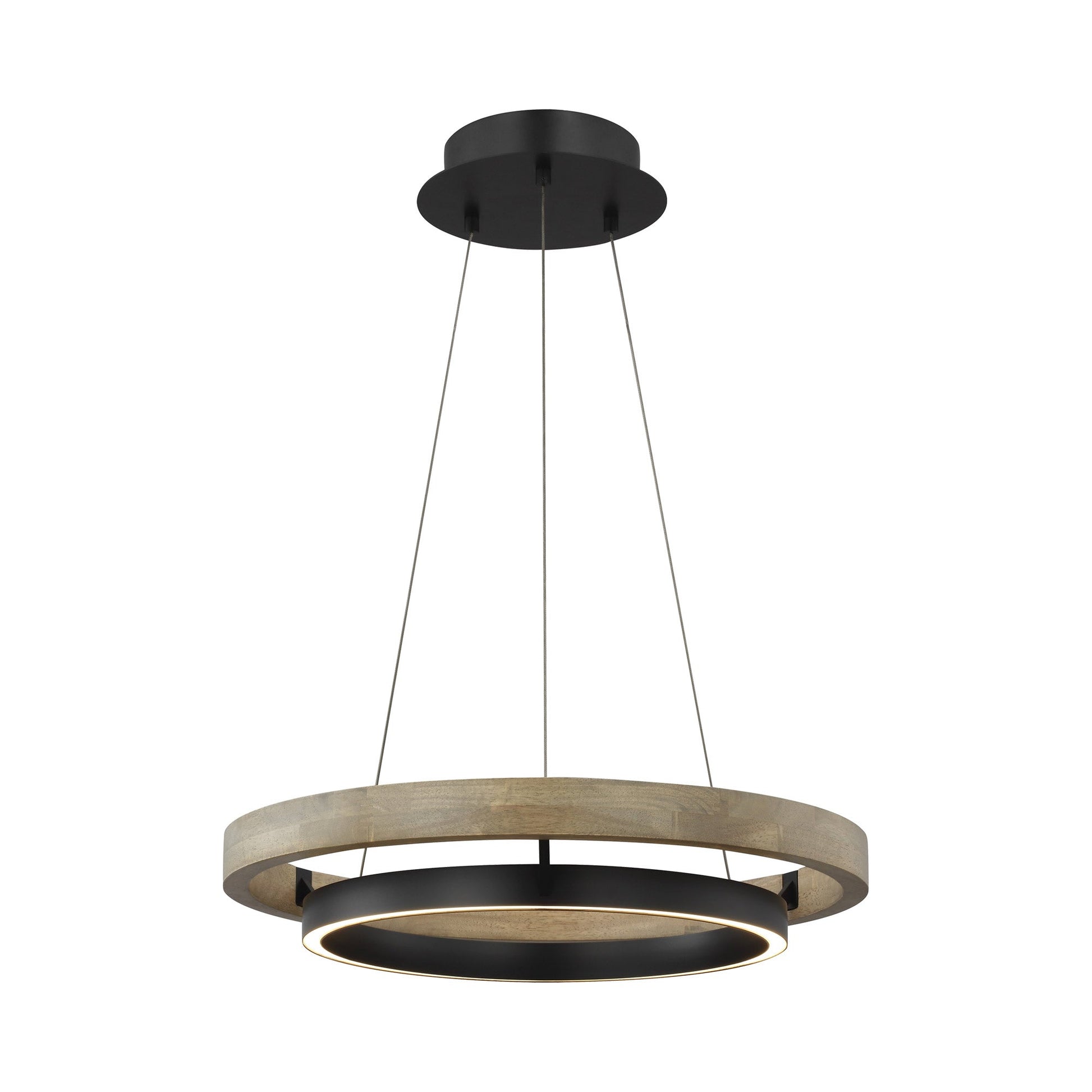 Grace LED Chandelier in Matte Black/Weather Oak Wood (24-Inch).