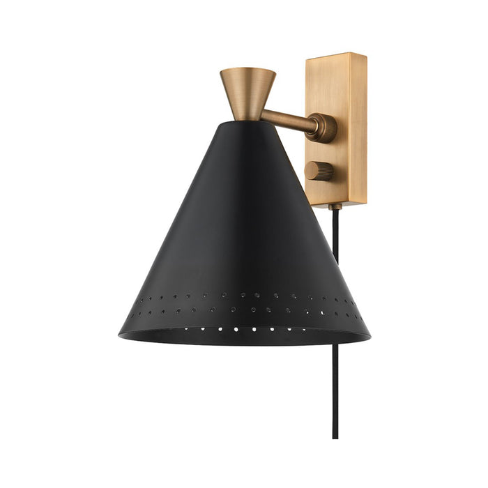 Arvin Plug-In Wall Light in Patina Brass/Soft Black.