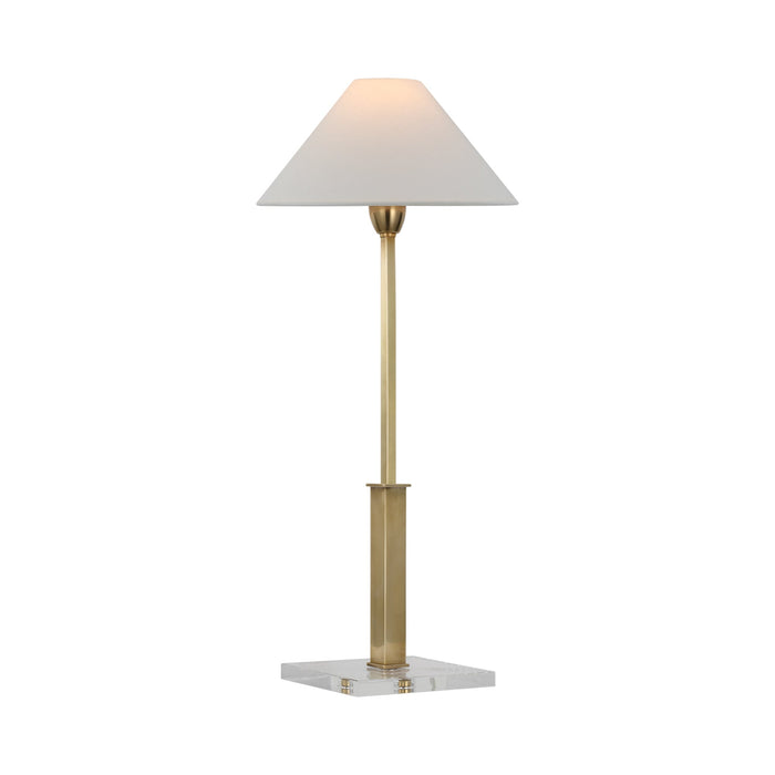 Asher LED Table Lamp in Hand-Rubbed Antique Brass and Crystal.
