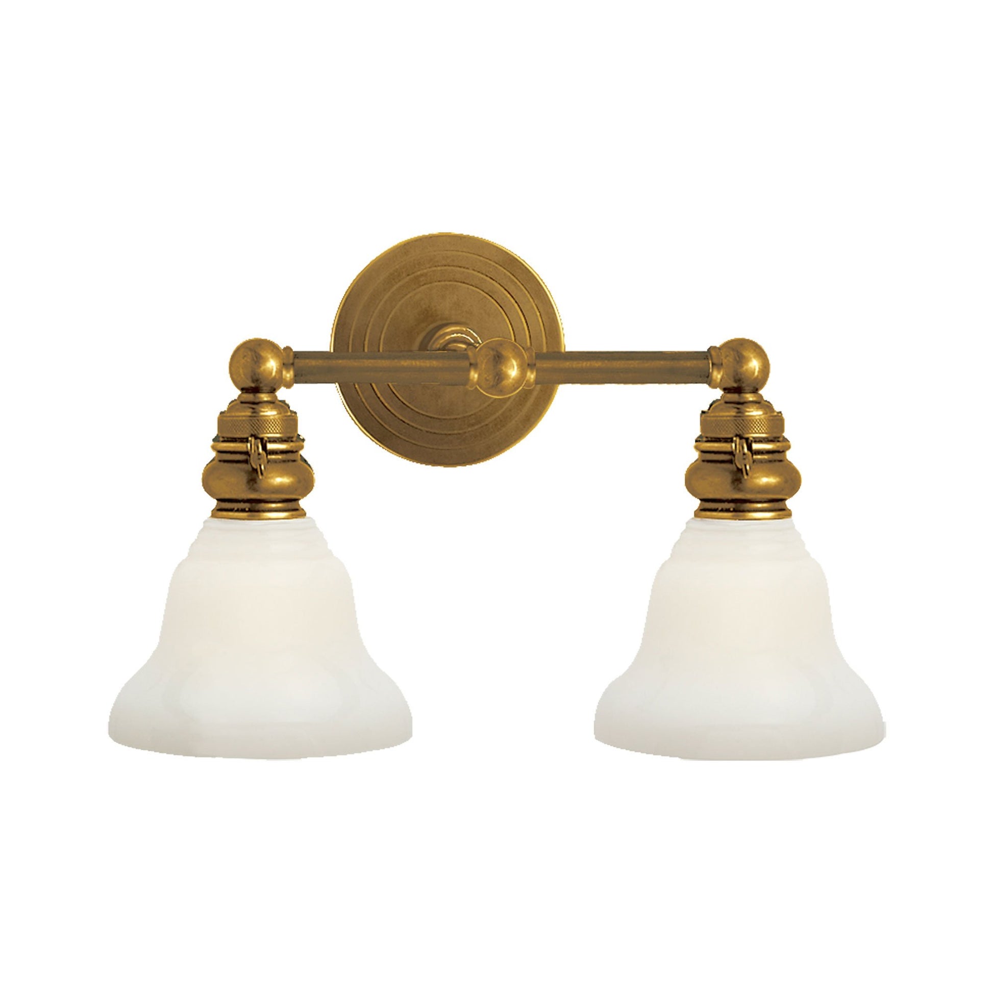 Boston Double Arm Wall Light in Hand-Rubbed Antique Brass/White Glass Desk Shade (2-Light).