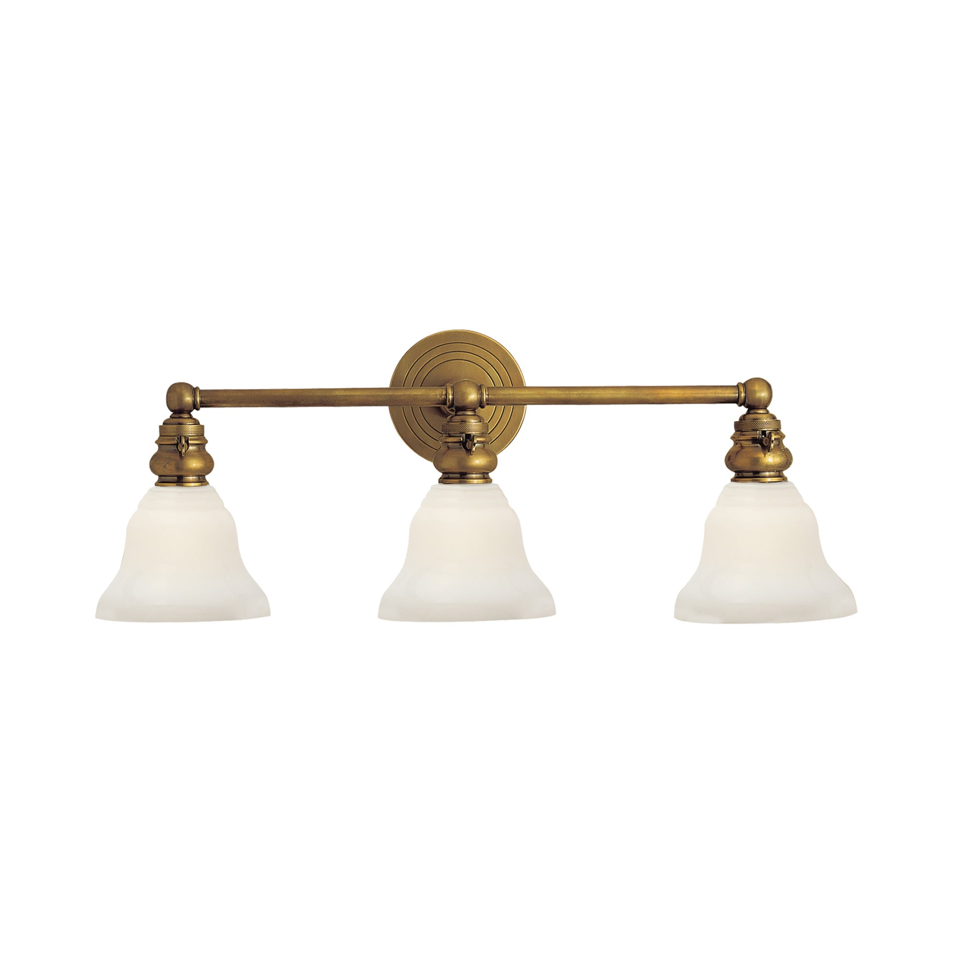 Boston Double Arm Wall Light in Hand-Rubbed Antique Brass/White Glass Desk Shade (3-Light).