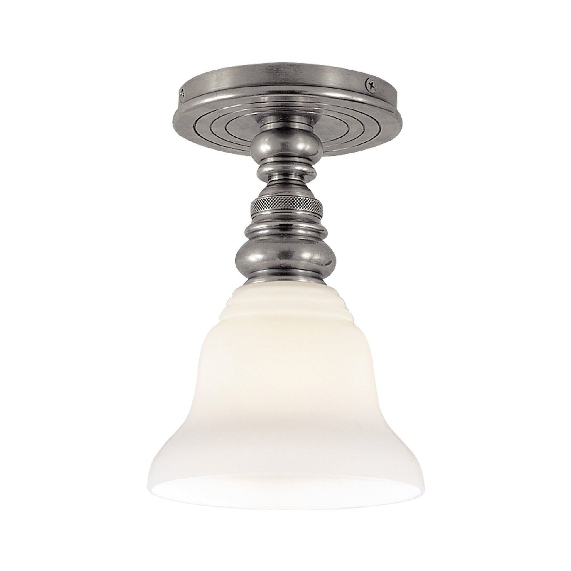 Boston Flush Mount Ceiling Light in Antique Nickel/White Glass Desk Shade.
