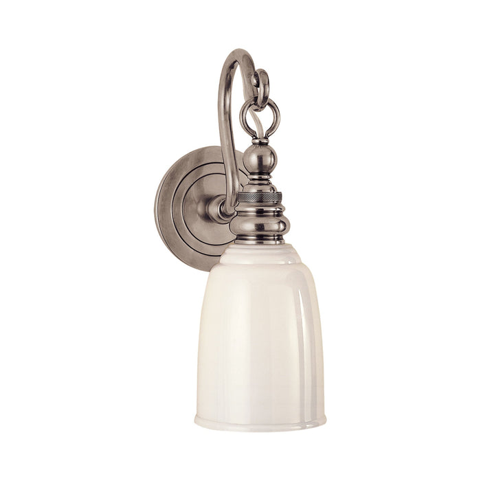 Boston Loop Arm Wall Light in Antique Nickel/White Glass.