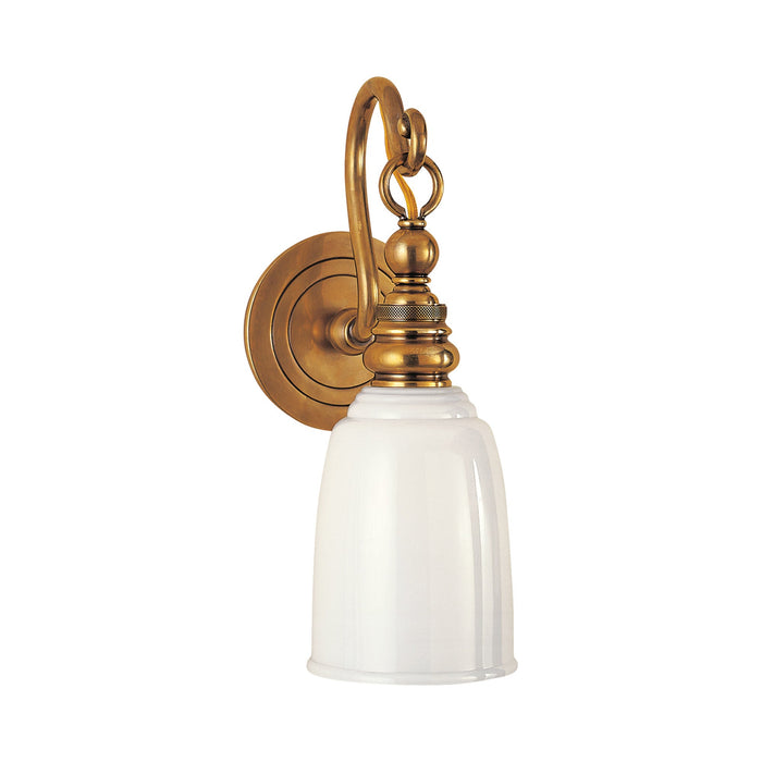 Boston Loop Arm Wall Light in Hand-Rubbed Antique Brass/White Glass.