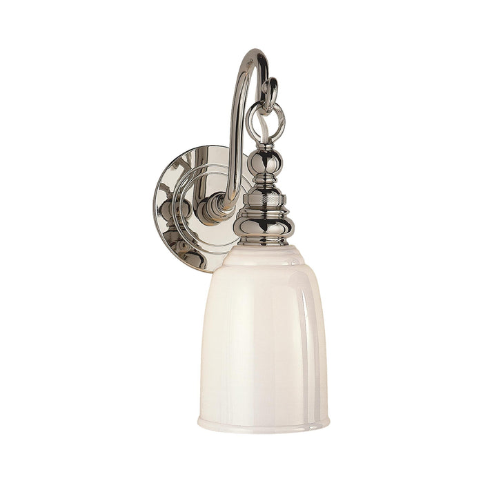 Boston Loop Arm Wall Light in Polished Nickel/White Glass.