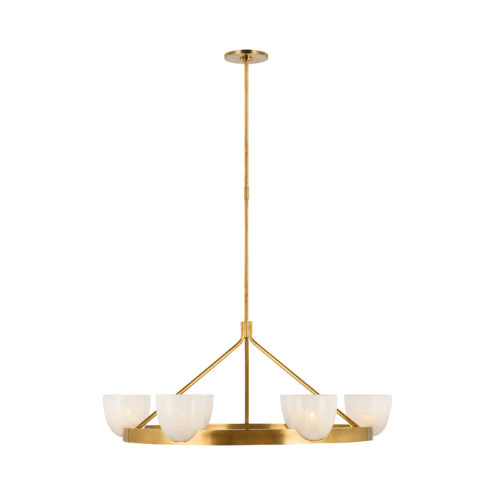 Carola LED Chandelier in Hand-Rubbed Antique Brass/White Strie Glass.