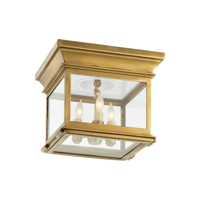 Club Square Flush Mount Ceiling Light in Antique-Burnished Brass/Clear Glass (Small).