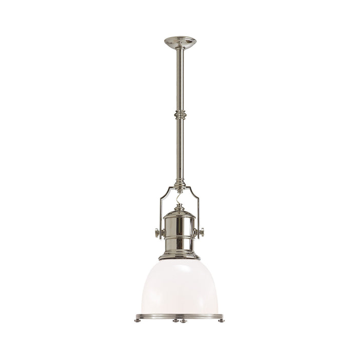 Country Industrial Pendant Light in Polished Nickel/White Glass (Small).
