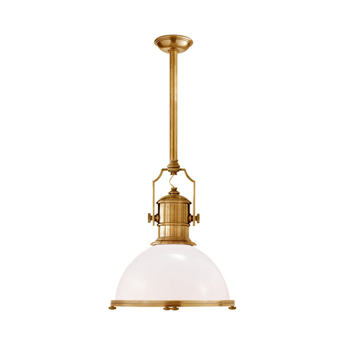 Country Industrial Pendant Light in Antique-Burnished Brass/White Glass (Large).
