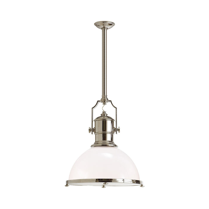 Country Industrial Pendant Light in Polished Nickel/White Glass (Large).