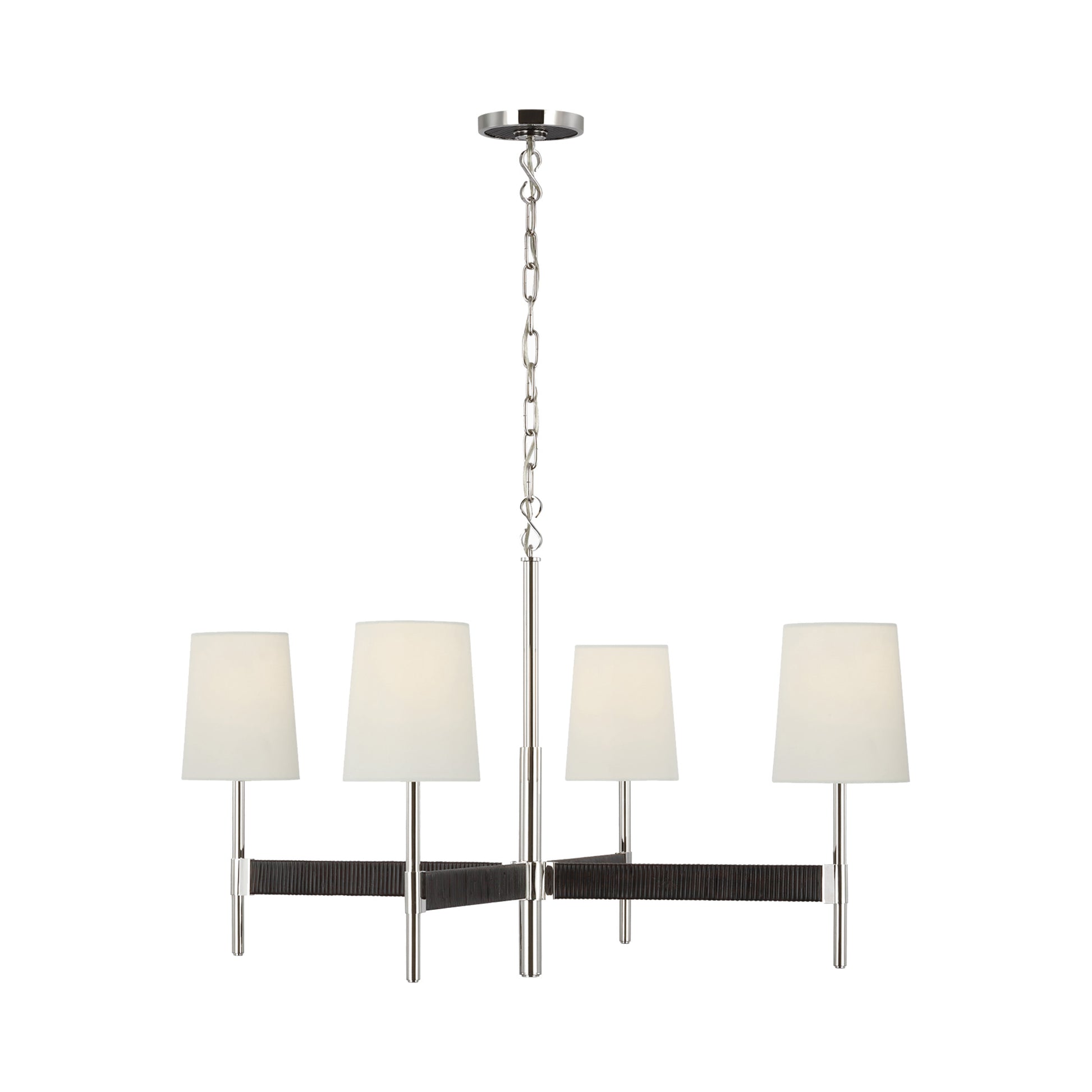 Elle LED Chandelier in Polished Nickel and Black Rattan.
