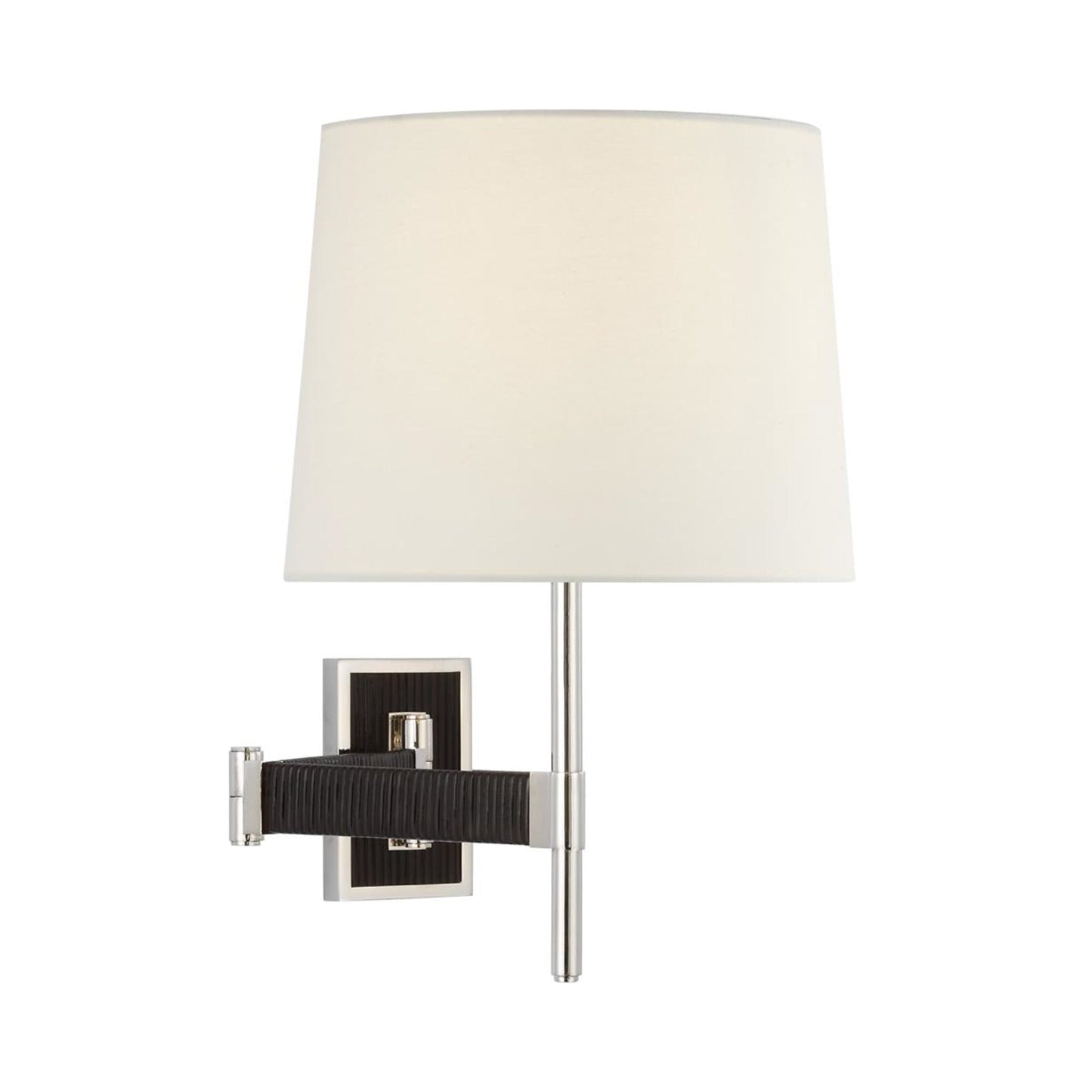 Elle LED Swing Arm Wall Light in Polished Nickel/Black Rattan.